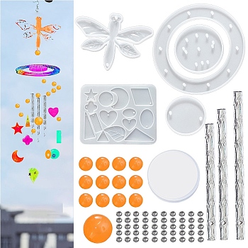 DIY Wind Chime Making Kits, including 4Pcs Silicone Molds, 13Pcs Plastic Beads, 1Pc Stainless Steel S Hooks, 1 Roll Crystal Thread, 3Pcs Round Tubes, Dragonfly