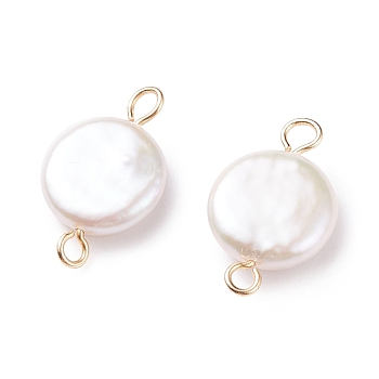 Natural Baroque Pearl Keshi Pearl Connector Charms, Cultured Freshwater Pearl, with 304 Stainless Steel Double Loops, Flat Round, Floral White, Golden, 19.5x11.5x4.5~5.5mm, Hole: 1.8~2mm