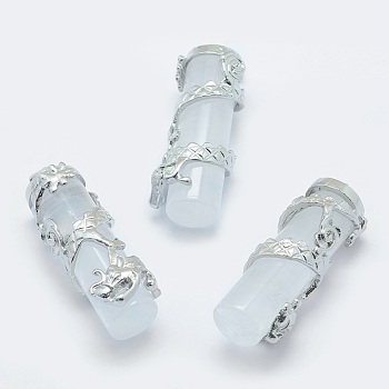 Natural Quartz Crystal Pendants, with Brass Findings, Column with Dragon, Platinum, 40.5~41.5x14x15mm, Hole: 3.5x5mm