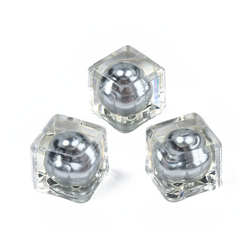 Transparent Acrylic Beads, with ABS Plastic Imitation Pearl Inside, Half Drilled, Cube, Gray, 14x14x12.5mm, Half Hole: 1.2mm
