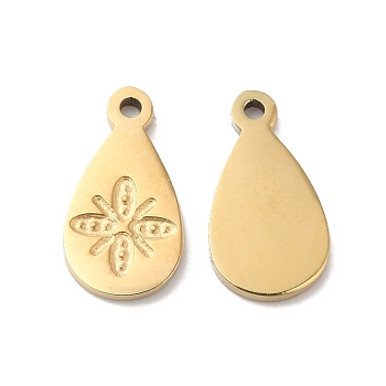 Ion Plating(IP) 316L Surgical Stainless Steel Charms, Teardrop with Flower Charm, Textured, Real 18K Gold Plated, 12x6.5x1mm, Hole: 1mm