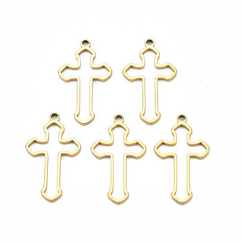 Ion Plating(IP) 201 Stainless Steel Pendants, Cross, Nickel Free, Real 18K Gold Plated, 29.5x17x1.5mm, Hole: 1.8mm