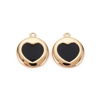 Brass Enamel Pendants, Nickel Free, Real 18K Gold Plated, Flat Round with Heart, Black, 16x14x2mm, Hole: 1.2mm