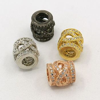 Brass Cubic Zirconia European Beads, Column, Clear, Mixed Color, 9x10mm, Hole: 5.5mm