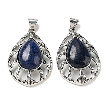 Natural Lapis Lazuli Pendants, Antique Silver Plated Alloy Teardrop Charms, 48.5x33x12~13mm, Hole: 8x6.5mm