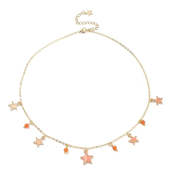 Natural Agate Round & Alloy Enamel Star Charms Bib Necklace with 304 Stainless Steel Chains, Coral, 15.94 inch(40.5cm)