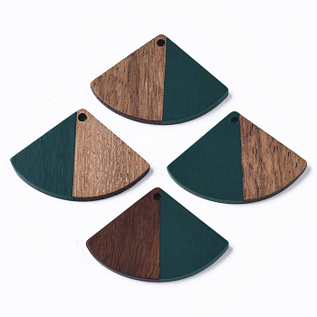 Resin & Wood Pendants, Fan Shape, Teal, 26x37.5~38x3.5mm, Hole: 2mm