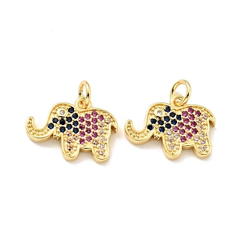 Eco-friendly Brass Micro Pave Colorful Cubic Zirconia Pendants, with Jump Ring, Cadmium Free & Lead Free, Elephant, Real 18K Gold Plated, 12x16.5x2mm, Hole: 3mm