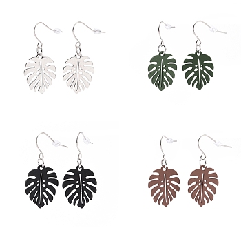4 Pairs 4 Color Alloy Enamel Tropical Leaf Dangle Earrings, 304 Stainless Steel  Jewelry for Women, Mixed Color, 42mm, Pin: 0.7mm, 1 Pair/color
