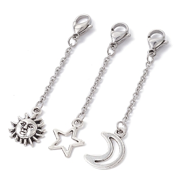 Tibetan Style Alloy Pendant Decoration, with 304 Stainless Steel Lobster Claw Clasps, Sun/Moon/Star, Antique Silver & Stainless Steel Color, 55~57x2mm, 3pcs/set