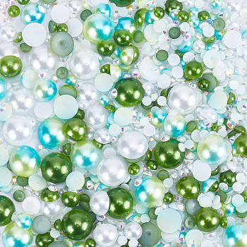 Resin Rhinestone and ABS Cabochons Sets, Half Round, Green, 3~10x1~5mm