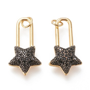 Brass Micro Pave Cubic Zirconia Pendants, with Jump Rings, Long-Lasting Plated, Real 18K Gold Plated & Gunmetal, Star, Black, 24.5x12.5x4.5mm, Hole: 3mm