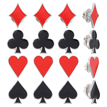 16Pcs 4 Styles Playing Card Sign Enamel Pin, Platinum Alloy Badge for Backpack Clothes, Black & Red, Mixed Shapes, 20x15~18mm, 4pcs/style