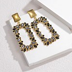 304 Stainless Steel Glass Dangle Stud Earrings, with Rhinestone, Real 18K Gold Plated, Rectangle, Black, 83.5x35mm(EJEW-M095-13G-02)