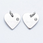 316 Surgical Stainless Steel Pendants, with Cubic Zirconia, Heart, Clear, Stainless Steel Color, 12x12x2mm, Hole: 3mm(STAS-J038-05P)