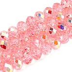 Transparent Glass Beads Strands, Rondelle, Half Plated, AB Color Plated, Faceted, Light Coral, 8x6.5~7mm, Hole: 1.2~1.4mm, about 64~65pcs/strand, 16.34~16.54 inch(41.5~42cm)(EGLA-N016-8mm-09)