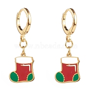 Brass Huggie Hoop Earrings for Christmas, with 316 Surgical Stainless Steel Enamel Charms, Christmas Sock, Real 14K Gold Plated, Red, 31mm, Pin: 1mm(EJEW-JE04509-05)