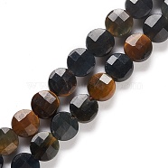 Natural Blue Tiger Eye Beads Strands, Dyed, Faceted, Flat Round, 6x3~3.5mm, Hole: 1mm, about 75pcs/strand, 15.39''(39.1cm)(G-K332-B04)