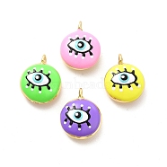 Brass Enamel Charms, Real 18K Gold Plated, Long-Lasting Plated, Flat Round with Evil Eye, Mixed Color, 19x15.5x8mm, Hole: 2mm(KK-P222-07G)