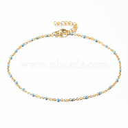 304 Stainless Steel Cable Chain Anklets, with Enamel Links, Golden, Sky Blue, 9 inch(23cm), 1.5~2mm(X-AJEW-H010-01F)