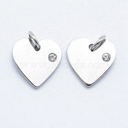 316 Surgical Stainless Steel Pendants, with Cubic Zirconia, Heart, Clear, Stainless Steel Color, 12x12x2mm, Hole: 3mm(STAS-J038-05P)