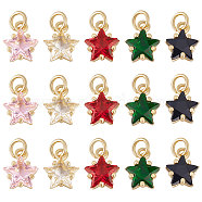 15Pcs 5 Colors Eco-friendly Brass Micro Pave Cubic Zirconia Charms, with Jump Ring, Cadmium Free & Lead Free, Real 18K Gold Plated, Star Charm, Mixed Color, 11x8.5x5mm, Jump Ring: 5x0.9mm, 3.2mm Inner Diameter, 3pcs/color(KK-BBC0005-65)