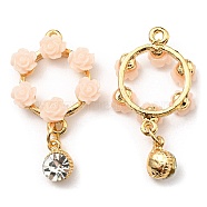 Resin Flower Garland Pendants, Wreath Golden Plated Alloy Charms with Crystal Rhinestone, Cadmium Free & Nickel Free & Lead Free, Pink, 35x19.5x5mm, Hole: 1.5mm(ALRI-L050-03G)