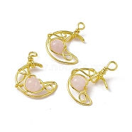Natural Rose Quartz Pendants, Moon Charms, with Rack Plating Golden Tone Brass Findings, Cadmium Free & Lead Free, 31.5~33x22x8.5mm, Hole: 2.5~3mm(G-H281-41G-07)