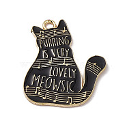 Music Theme Charm, Alloy Enamel Pendants, Cat with Music Scores and Word, Golden, Black, 28x22.5x1.2mm, Hole: 2mm(ENAM-M049-04G-D)