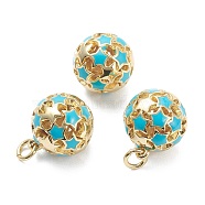 Brass Enamel Charms, with Jump Ring, Real 18K Gold Plated, Long-Lasting Plated, Round with Star, Deep Sky Blue, 14.5x12.5mm, Jump Ring: 5x1mm, Hole: 3mm(X-KK-A153-02G-F)