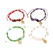 Hamsa Hand /Hand of Miriam Charm Braided Bead Bracelet, Natural Mixed Stone Chip & Glass Beads Bracelet for Her, Golden, Mixed Color, Inner Diameter: 1-7/8~3-3/8 inch(4.9~8.5cm)(BJEW-JB06933)