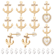 10pcs Brass Cubic Zirconia Stud Earring Findings, with Vertical Loops & 925 Sterling Silver Pins, Anchor, with 30Pcs Plastic Ear Nuts, Real 18K Gold Plated, 12.5x8.5mm, Hole: 0.8mm, Pin: 0.7mm(KK-BC0010-25)