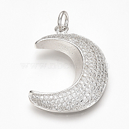 Brass Micro Pave Cubic Zirconia Pendants, with Jump Rings, Moon, Platinum, 28.5x20.5x5mm, Hole: 3.5mm(ZIRC-T004-16P)