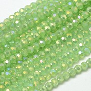Faceted(32 Facets) Round Full Rainbow Plated Imitation Jade Electroplate Glass Beads Strands, Light Green, 4mm, Hole: 1mm, about 100pcs/strand, 14.9 inch(EGLA-J130-FR08)
