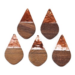 Transparent Resin and Walnut Wood Pendants, Teardrop Charms with Gold Foil, Sienna, 48.5x28x3.5mm, Hole: 2mm(RESI-T057-06C)