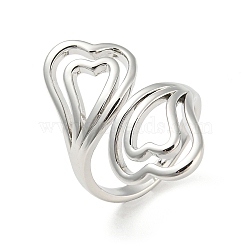 Brass Open Cuff Rings, Hollow Heart, Platinum, Inner Diameter: 17mm(RJEW-I100-03P)