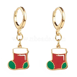 Brass Huggie Hoop Earrings for Christmas, with 316 Surgical Stainless Steel Enamel Charms, Christmas Sock, Real 14K Gold Plated, Red, 31mm, Pin: 1mm(EJEW-JE04509-05)