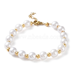 Plastic Pearl Round Beaded Bracelet, with Vacuum Plating 304 Stainless Steel Clasp, Golden, 7-1/8 inch(18cm)(BJEW-F463-02G)