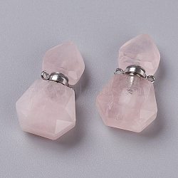 Hexagon Natural Rose Quartz Perfume Bottle Pendants, with 304 Stainless Steel Findings, Faceted, Stainless Steel Color, 27~27.5x16~17x8mm, Hole: 1.4mm, Capacity: 0.1ml(0.00fl. oz)(G-H241-03F-P)