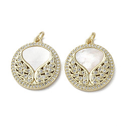 Brass Micro Pave Cubic Zirconia Pendants, with Shell, Flat Round with Wing Pattern, Real 18K Gold Plated, 22x19.5x3mm, Hole: 3mm(KK-G485-09G)