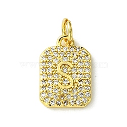 Rack Plating Brass Micro Pave Clear Cubic Zirconia Charms, Long-Lasting Plated, Lead Free & Cadmium Free, Rectangle with Letter Pattern, with Jump Ring, Real 18K Gold Plated, Letter S, 14x9.5x2mm, Hole: 3mm(KK-G501-01S-G)