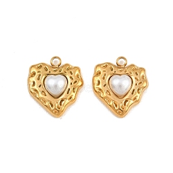 304 Stainless Steel & ABS Plastic Pearl Pendants, Hammered Heart Charms, Ion Plating(IP), Golden, 16.5x14.5x5mm, Hole: 1.8mm(SA-CBAB51A-04G)