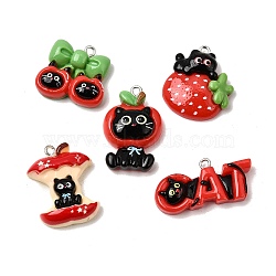 Black Cat Theme Opaque Resin Pendants, Mixed Shapes Charm, with Platinum Zinc Alloy Loop, Red, 16~29x21~32x7~9mm, Hole: 2mm(RE-CBAAB56-05)