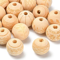 Unfinished Natural Wood European Beads, Large Hole Beads, Lead Free, Laser Engraved Pattern, Round with Pattern, Mixed Color, 15.5x14.5mm, Hole: 4mm(X-WOOD-T025-001-LF)