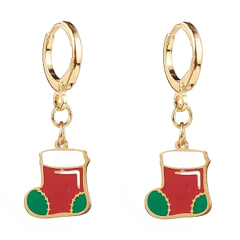 Brass Huggie Hoop Earrings for Christmas, with 316 Surgical Stainless Steel Enamel Charms, Christmas Sock, Real 14K Gold Plated, Red, 31mm, Pin: 1mm