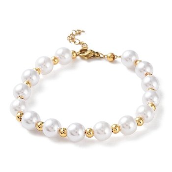 Plastic Pearl Round Beaded Bracelet, with Vacuum Plating 304 Stainless Steel Clasp, Golden, 7-1/8 inch(18cm)