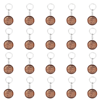 Engraved Wooden Flat Round Pendant Keychains, Word MAMA Mother's Day Gift Keychain, with Iron Finding, Coconut Brown, 97mm
