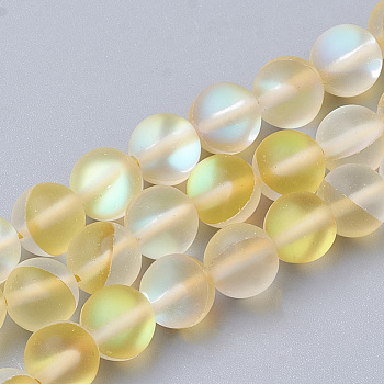 Synthetic Moonstone Beads Strands, Holographic Beads, Dyed, Frosted, Round, Gold, 10mm, Hole: 1.2mm 40pcs/strand, 15.7 inch