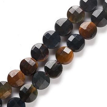 Natural Blue Tiger Eye Beads Strands, Dyed, Faceted, Flat Round, 6x3~3.5mm, Hole: 1mm, about 75pcs/strand, 15.39''(39.1cm)