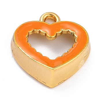 Golden Alloy Enamel Pendants, Long-Lasting Plated, Hollow Heart, Orange, 18x17x6mm, Hole: 1.8mm
